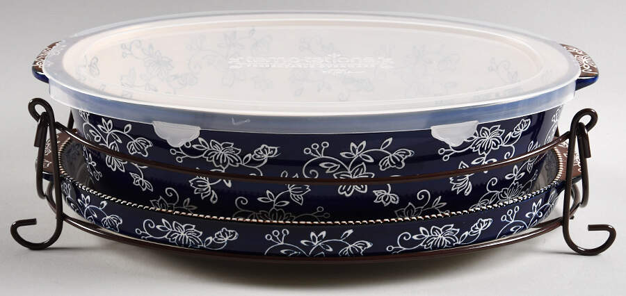 Floral Lace-Blue 13" Oval Baker W/Lid, Metal Stand & Tray by Temp-Tations-1