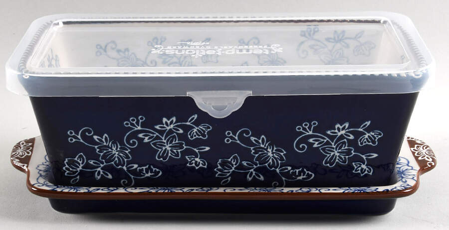 Floral Lace-Blue Loaf Pan W/Plastic Lid & Tray (LOPM3) by Temp-Tations-1
