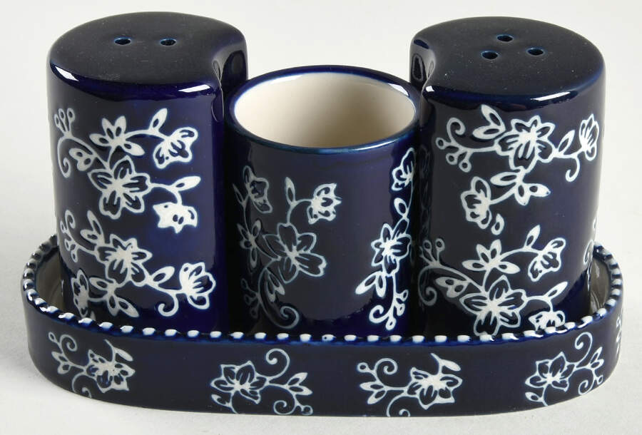 Floral Lace-Blue 4-Piece Salt & Pepper Set/Toothpick Holder and Tray by Temp-Tations-1