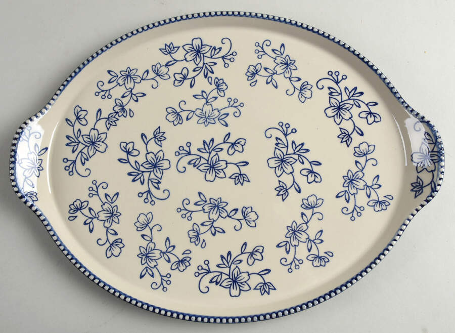 Floral Lace-Blue 16" Oval Tab Handled Serving Platter by Temp-Tations-1