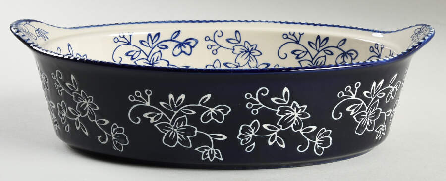 Floral Lace-Blue 12" Oval Tab Handled Baker No Lid-It by Temp-Tations-1