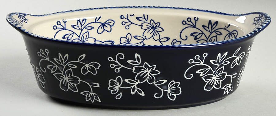 Floral Lace-Blue 10" Oval Tab Handled Baker No Lid-It by Temp-Tations-1