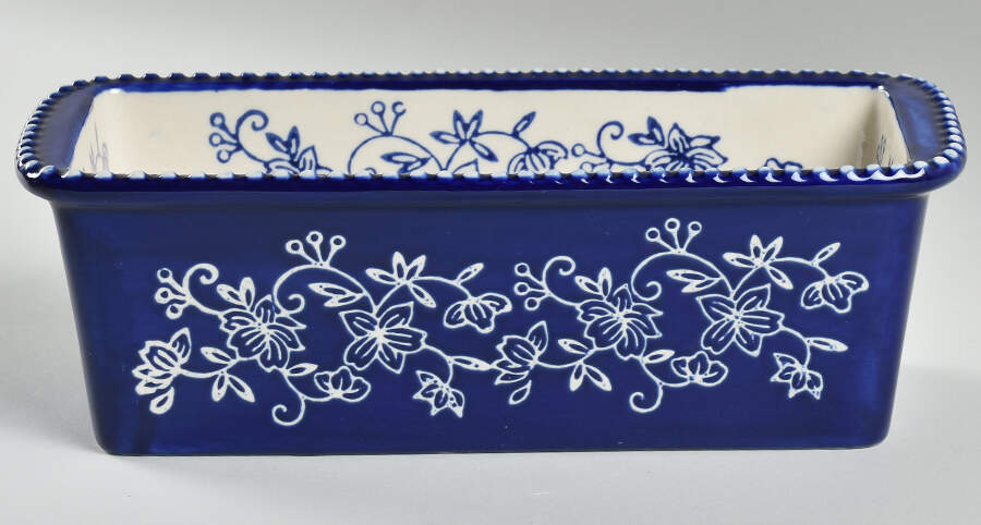 Floral Lace-Blue Rim Handled Loaf Pan by Temp-Tations-1