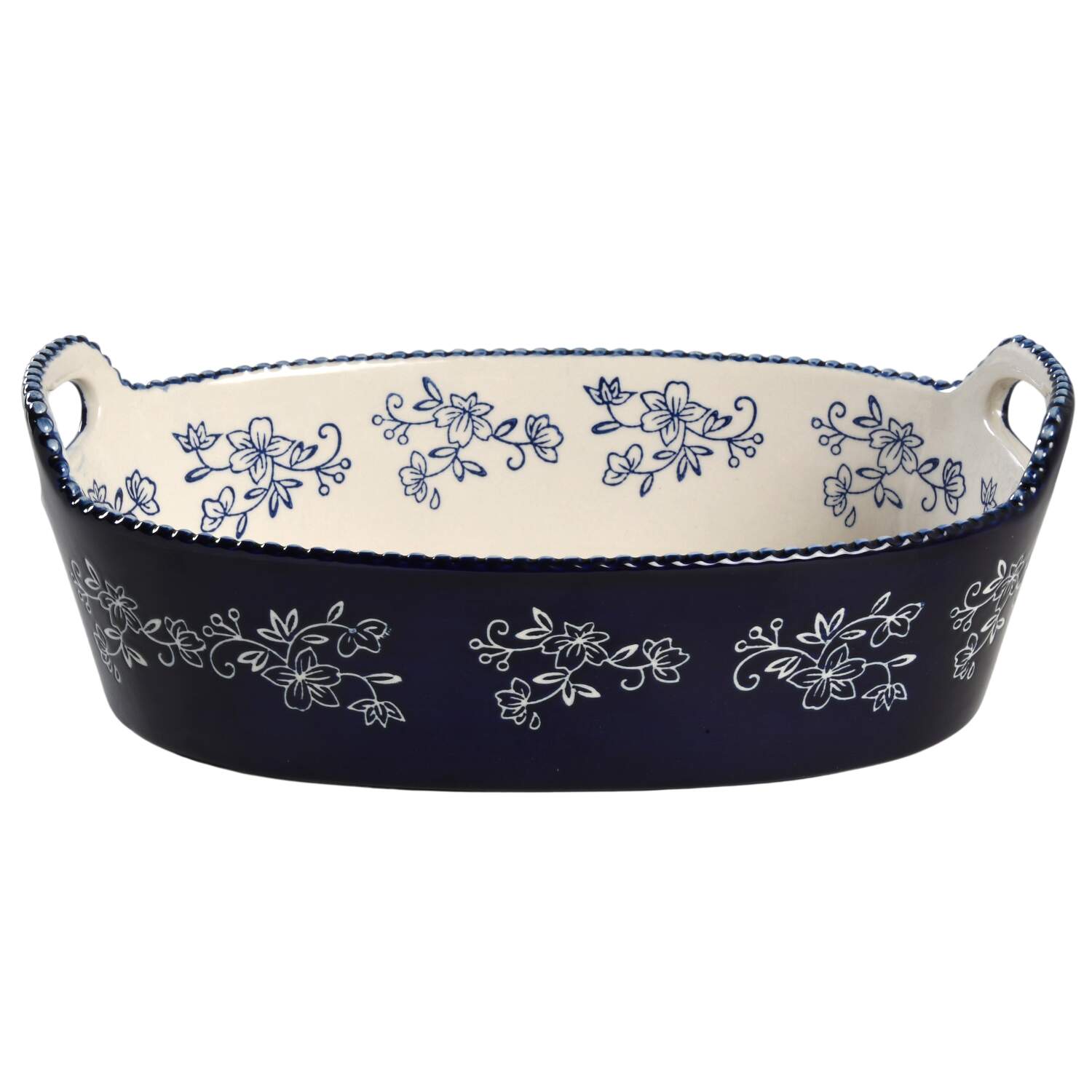 Floral Lace-Blue 12" Oval Baker with Upswept Handles by Temp-Tations-1