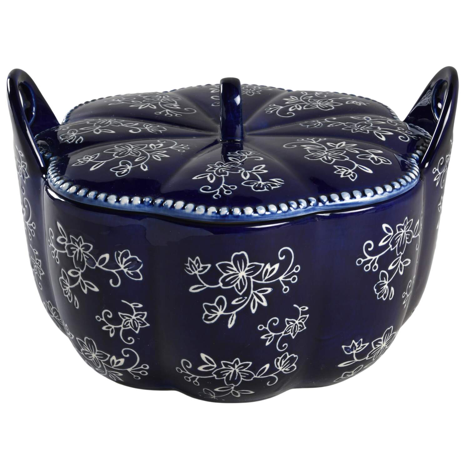 Floral Lace-Blue 3 Qt Round Sculpted Covered Casserole No Wood Spoon by Temp-Tations-1