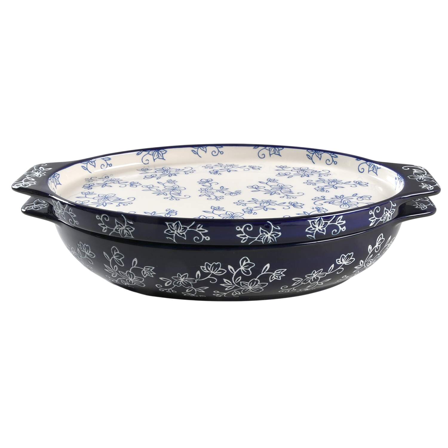 Floral Lace-Blue 16" Oval Tab Handled Baker & Lid-It by Temp-Tations-1