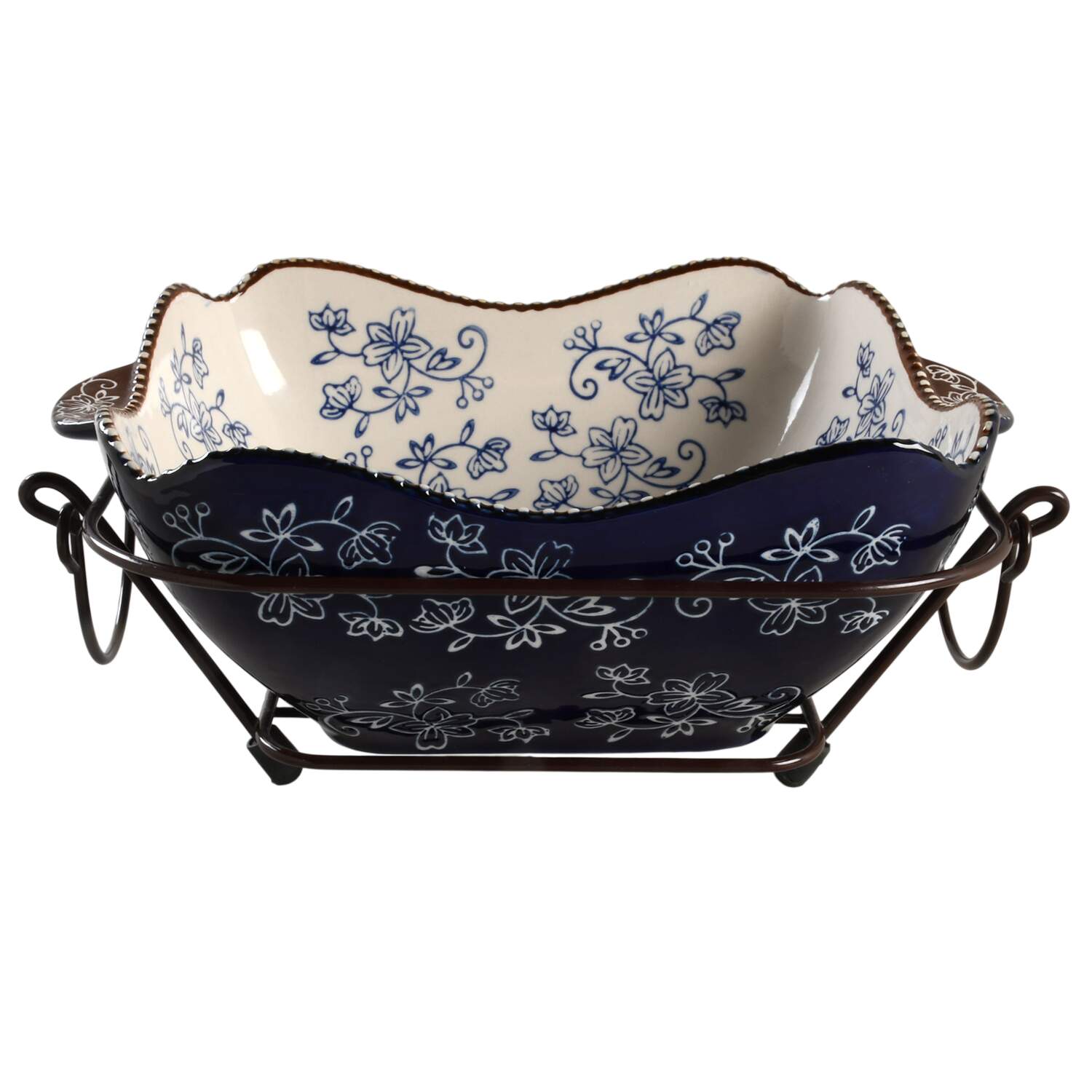 Floral Lace-Blue 2 Qt Square Bake & Serve Bowl with Metal Stand by Temp-Tations-1