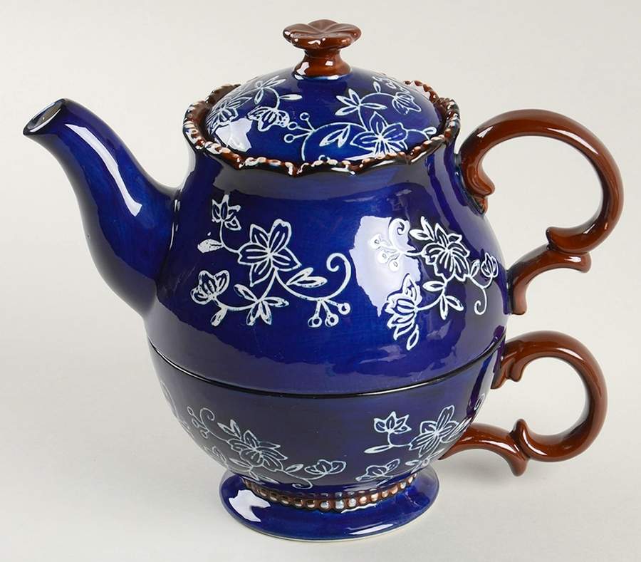 Floral Lace-Blue Individual Teapot & Lid with Cup by Temp-Tations-1