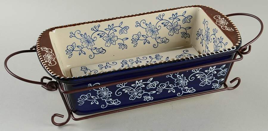 Floral Lace-Blue Loaf Pan with Drip Tray & Metal Stand by Temp-Tations-1