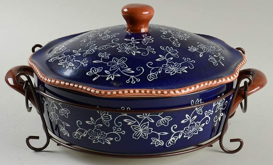 Floral Lace-Blue 2 Qt Covered Casserole & Metal Stand by Temp-Tations-1