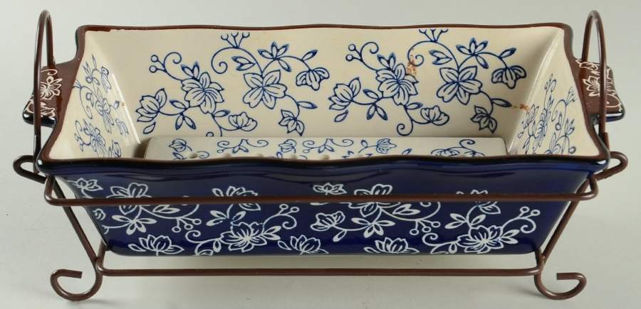 Floral Lace-Blue Loaf Pan with Drip Tray & Metal Stand Set by Temp-Tations-1
