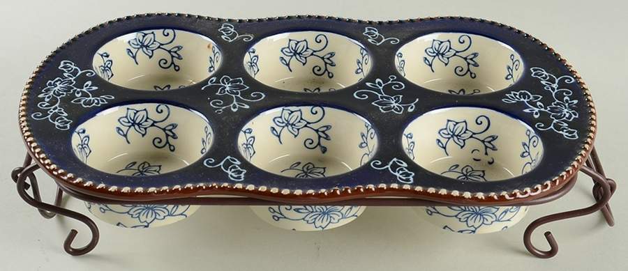 Floral Lace-Blue Muffin Pan (Holds 6 Muffins) & Metal Stand by Temp-Tations-1