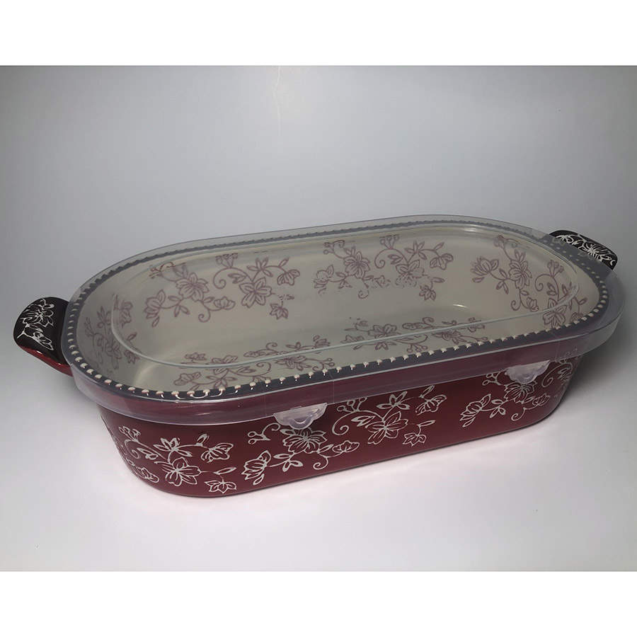 Floral Lace Cranberry Plastic Lid for 13" Oval Baker by Temp-Tations-1