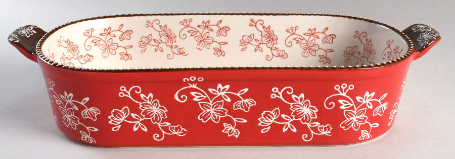 Floral Lace Cranberry 15" Oval Baker by Temp-Tations-1