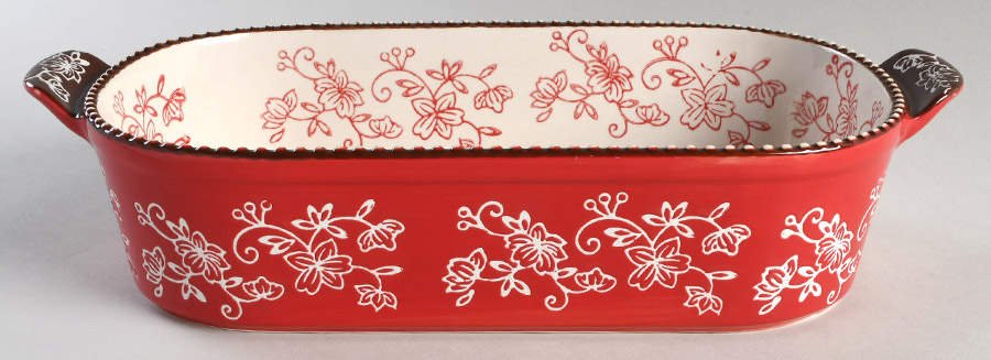 Floral Lace Cranberry 13" Oval Baker by Temp-Tations-1