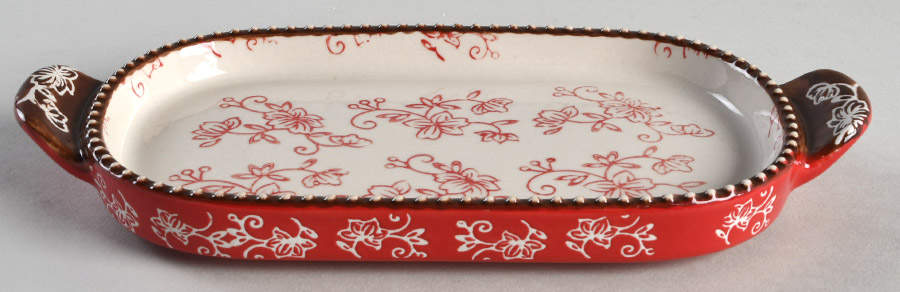 Floral Lace Cranberry 8" Oval Lid-It (Trivet,Tray,Baker Lid) by Temp-Tations-1
