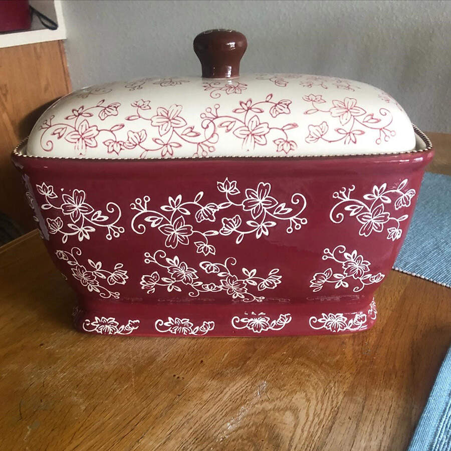 Floral Lace Cranberry Bread Box & Lid by Temp-Tations-1