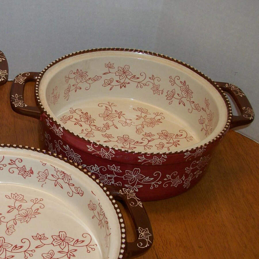 Floral Lace Cranberry 9" Round Handled Baker by Temp-Tations-1