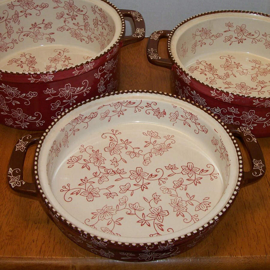 Floral Lace Cranberry 12" Round Handled Baker by Temp-Tations-1