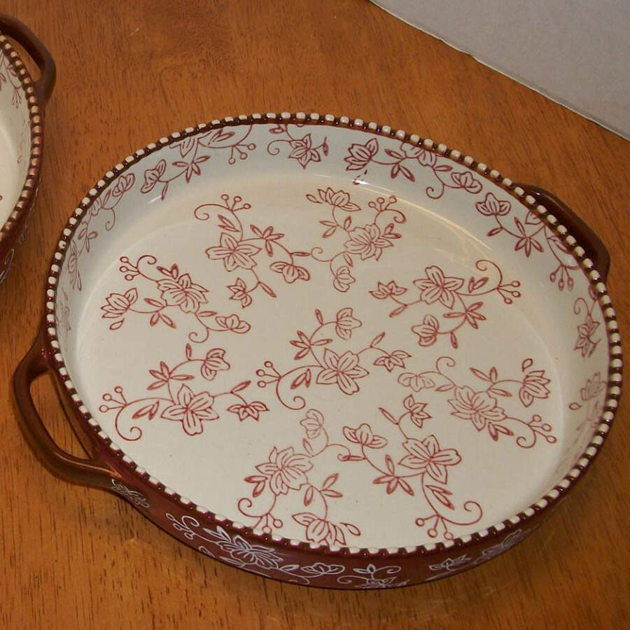 Floral Lace Cranberry 9" Round Shallow Baker by Temp-Tations-1