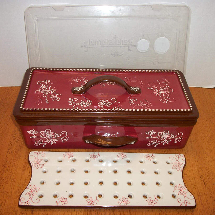 Floral Lace Cranberry Multifunctional Baker & Lid w/Drip Tray & Plastic Lid by Temp-Tations-1