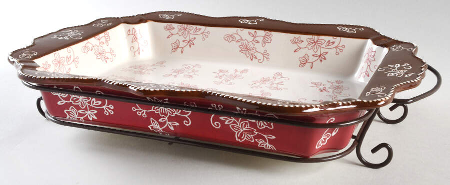 Floral Lace Cranberry 15" Rectangular Baker w/Metal Stand by Temp-Tations-1