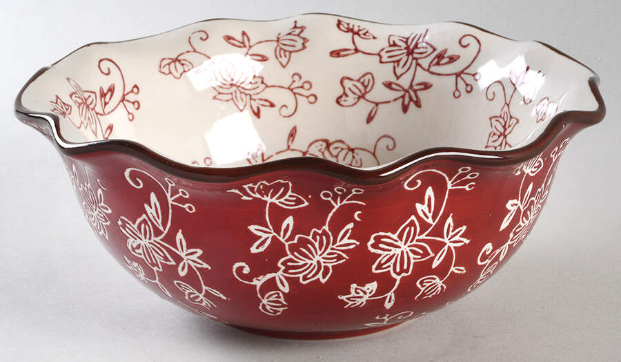 Floral Lace Cranberry 8" Round Fluted Bowl by Temp-Tations-1