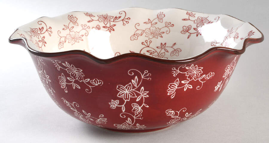 Floral Lace Cranberry 11" Round Fluted Bowl by Temp-Tations-1