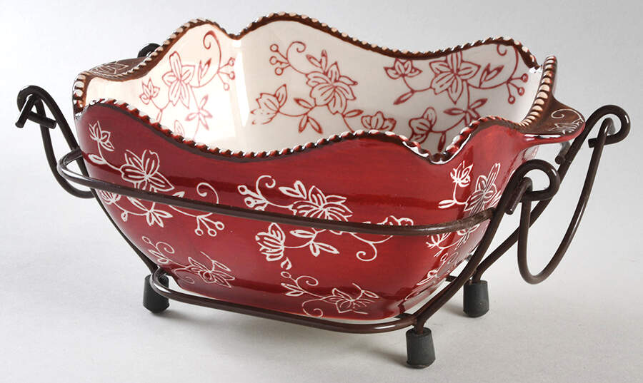 Floral Lace Cranberry 1 Qt Square Bake & Serve Bowl with Metal Stand by Temp-Tations-1