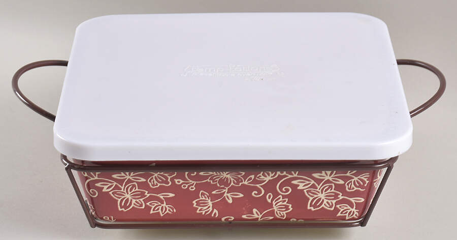 Floral Lace Cranberry 8" Square Baker W/Storage Cover & Metal Stand by Temp-Tations-1