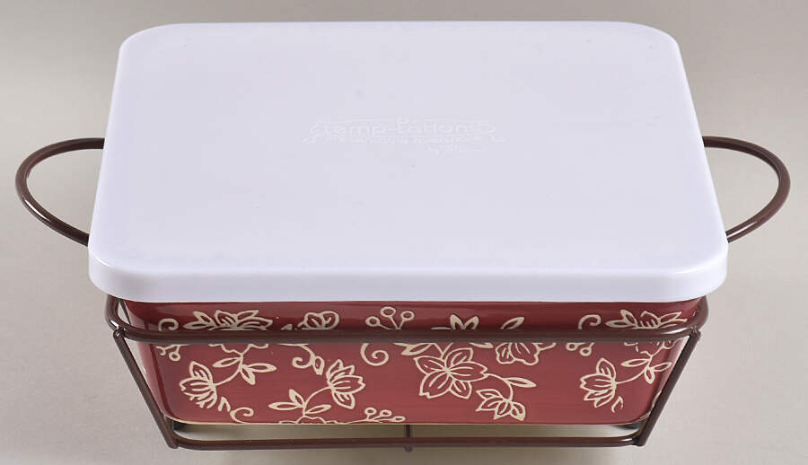 Floral Lace Cranberry 7" Square Baker W/Storage Cover & Metal Stand by Temp-Tations-1