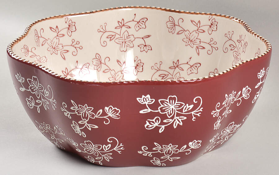 Floral Lace Cranberry 10" Large Salad Serving Bowl by Temp-Tations-1