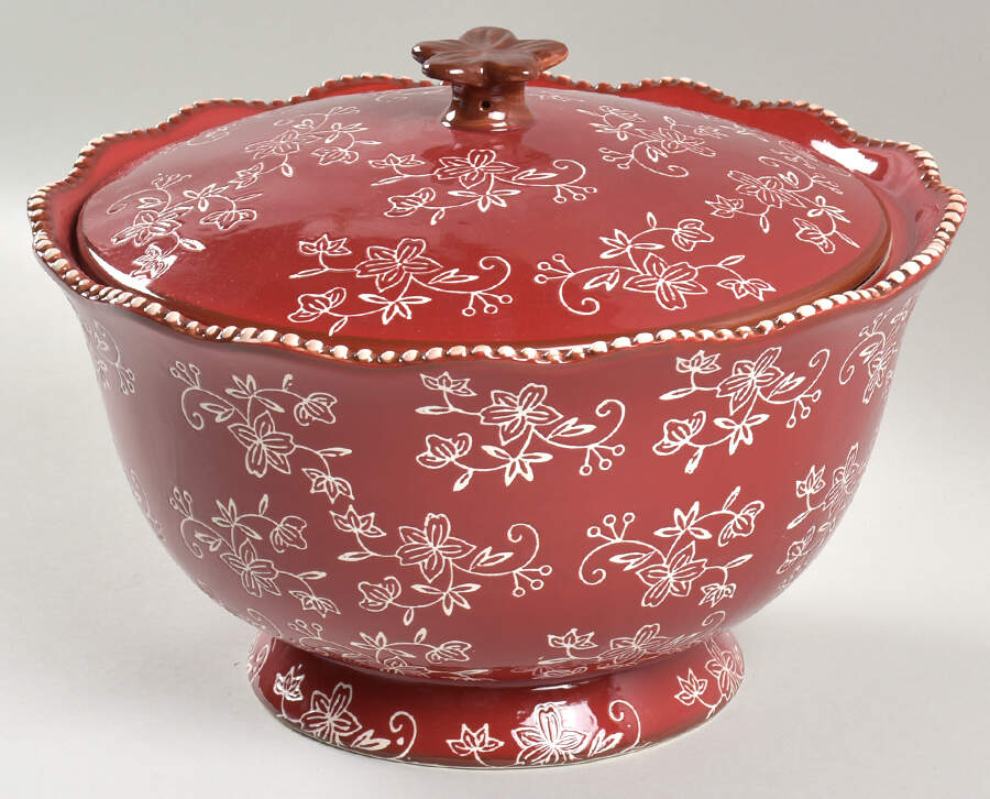 Floral Lace Cranberry Round Covered Vegetable by Temp-Tations-1