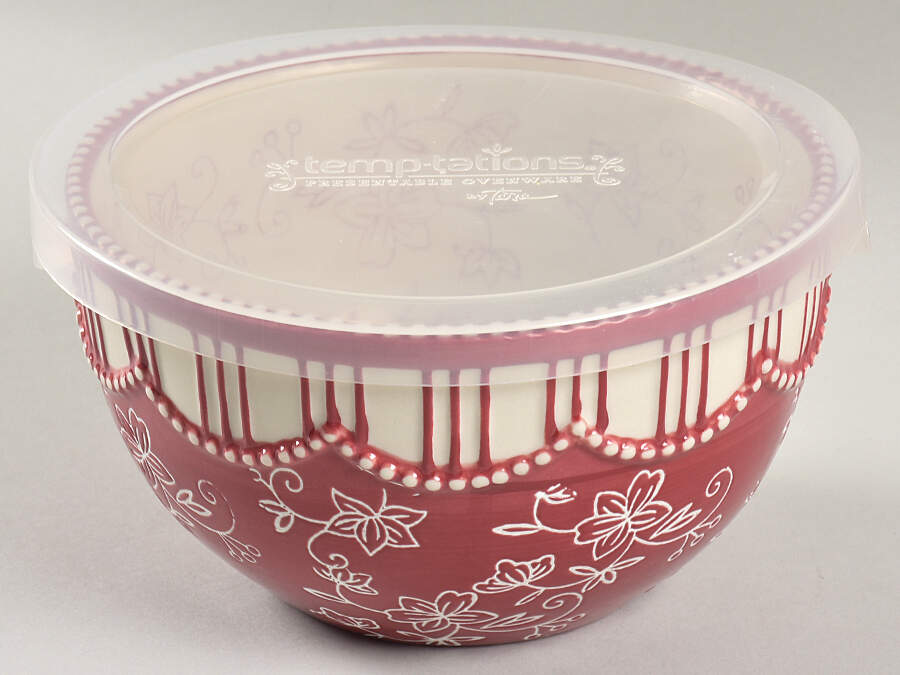 Floral Lace Cranberry 6" Mixing Bowl & Plastic Lid by Temp-Tations-1