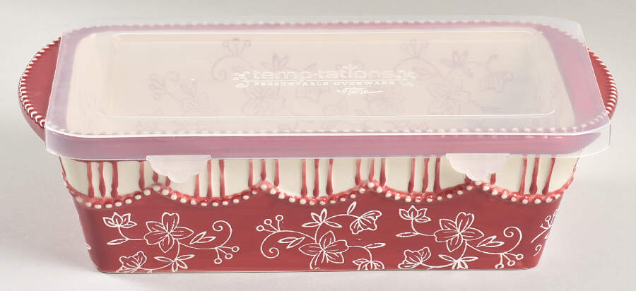Floral Lace Cranberry Loaf Pan & Plastic Lid by Temp-Tations-1
