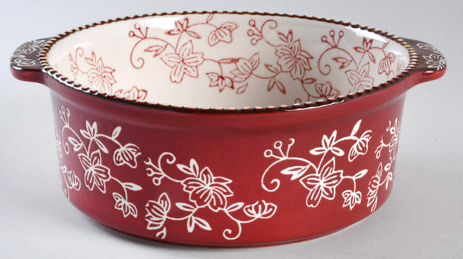 Floral Lace Cranberry 7" Round Handled Baker by Temp-Tations-1