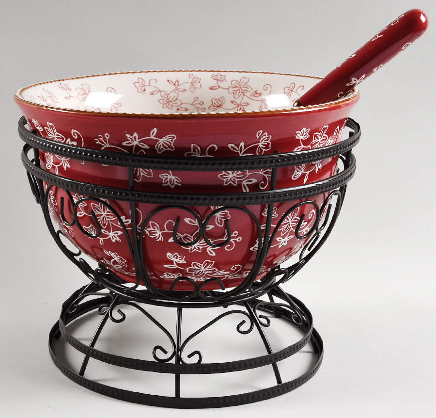 Floral Lace Cranberry Punch Bowl & Metal Stand with Ladle by Temp-Tations-1