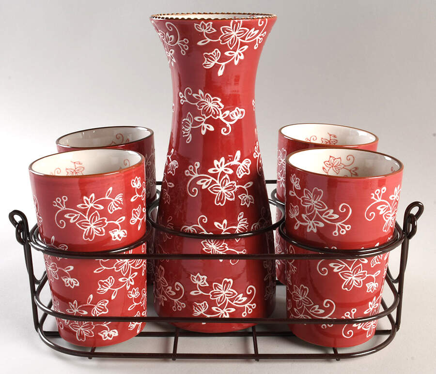 Floral Lace Cranberry (6 Piece) Carafe & Tumbler Set with Metal Caddy by Temp-Tations-1