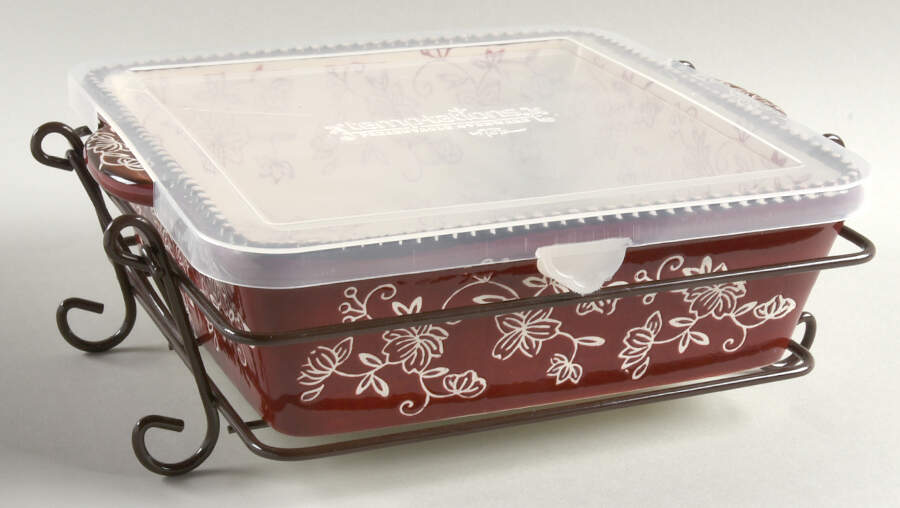Floral Lace Cranberry 8" Square Baker w/Metal Stand & Tabless Storage Ld by Temp-Tations-1