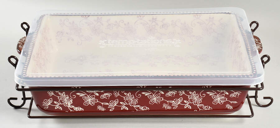 Floral Lace Cranberry 15" Rectangular Baker with Plastic Lid & Metal Stand by Temp-Tations-1
