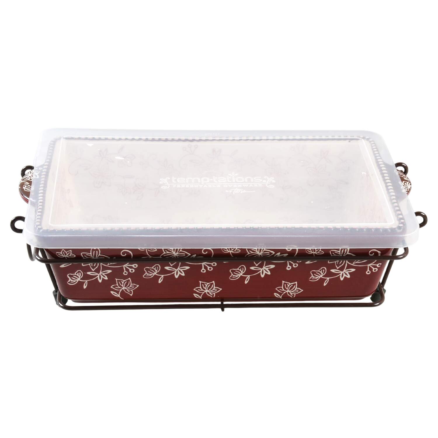 Floral Lace Cranberry 13" Rectangular Baker & Plastic Lid with Metal Stand by Temp-Tations-1
