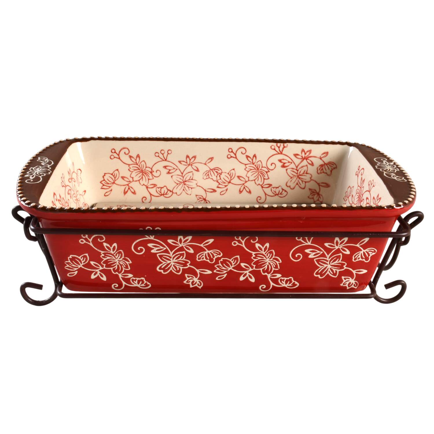 Floral Lace Cranberry Loaf Pan with Drip Tray & Metal Stand Set by Temp-Tations-1