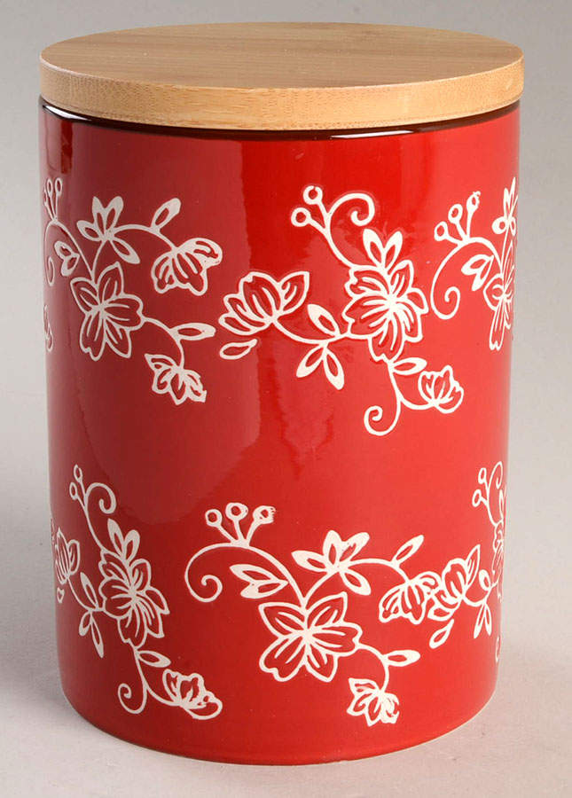 Floral Lace Red Medium Cylinder Canister & Wood Lid by Temp-Tations-1