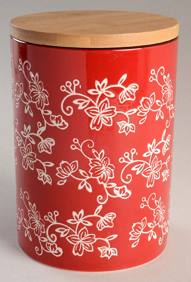 Floral Lace Red Large Cylinder Canister & Wood Lid by Temp-Tations-1
