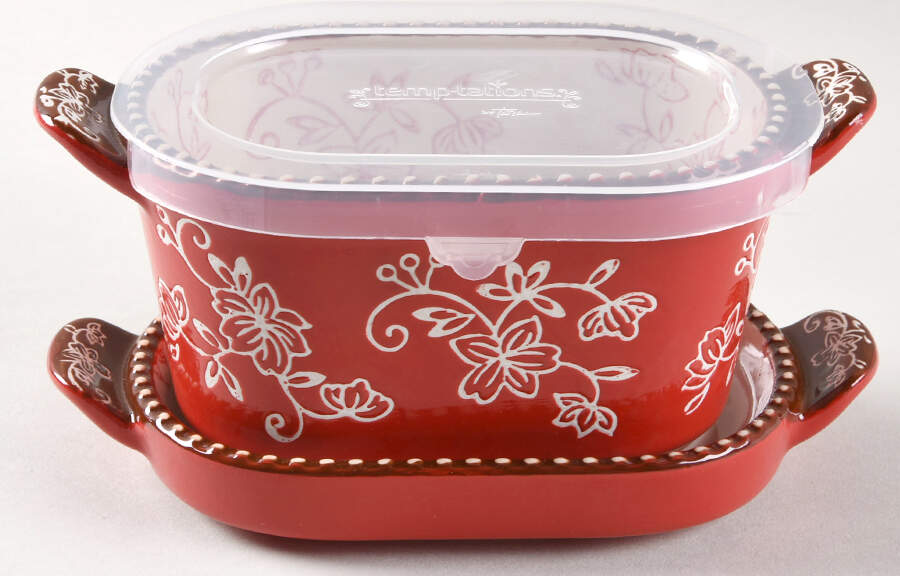 Floral Lace Red Oval Ramekin w/Plastic Lid & Lid-It by Temp-Tations-1