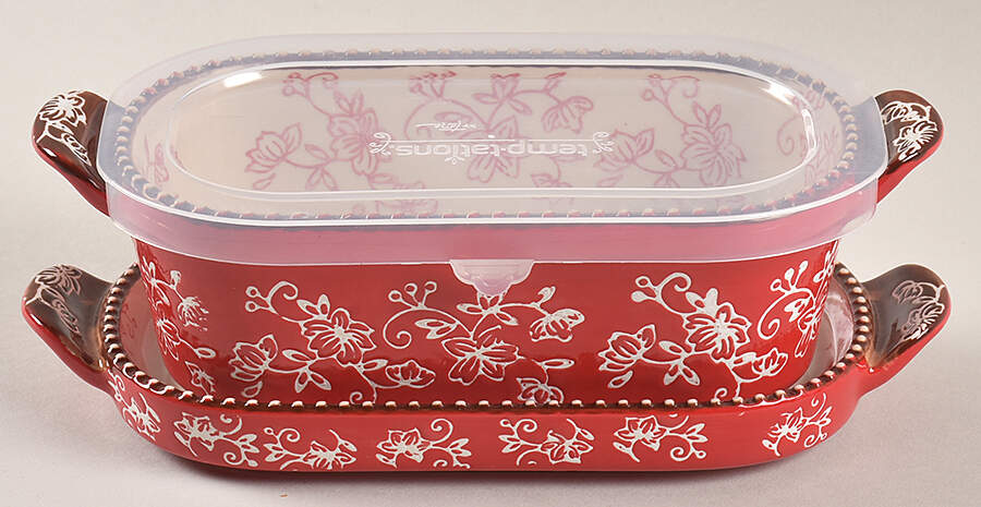 Floral Lace Red 8" Individual Oval Baker w/PLastic Lid & Lid-It by Temp-Tations-1