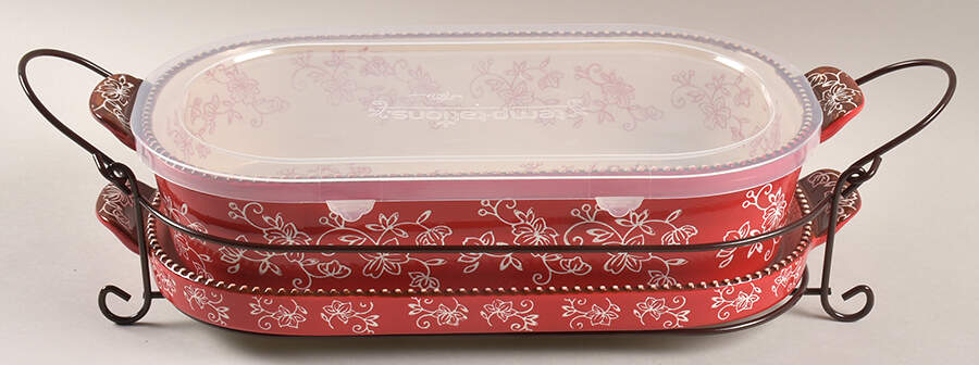 Floral Lace Red 15" Oval Baker w/Plastic Lid, Lid-It & Metal Stand by Temp-Tations-1