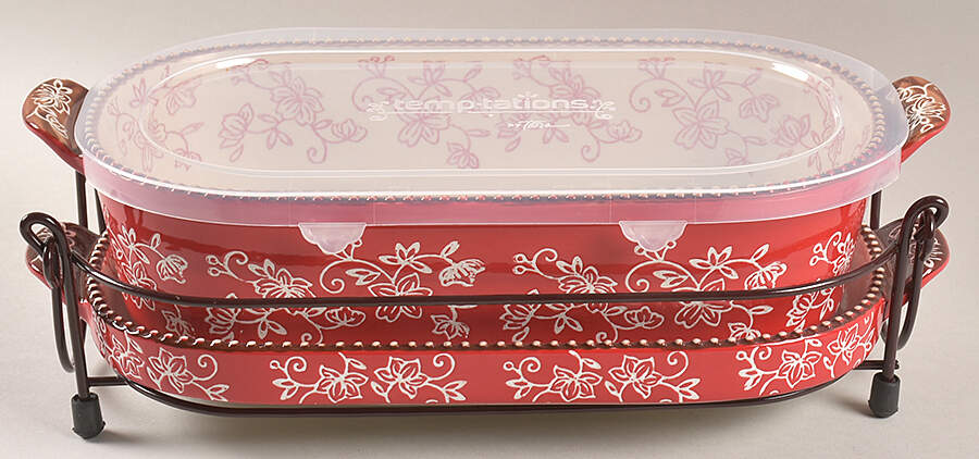 Floral Lace Red 13" Oval Baker w/Plastic Lid, Lid-It & Metal Stand by Temp-Tations-1