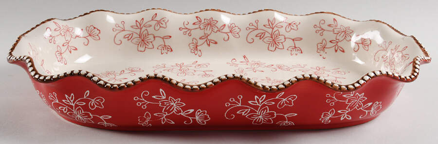 Floral Lace Red 15" Ruffled Oval Serving Bowl by Temp-Tations-1