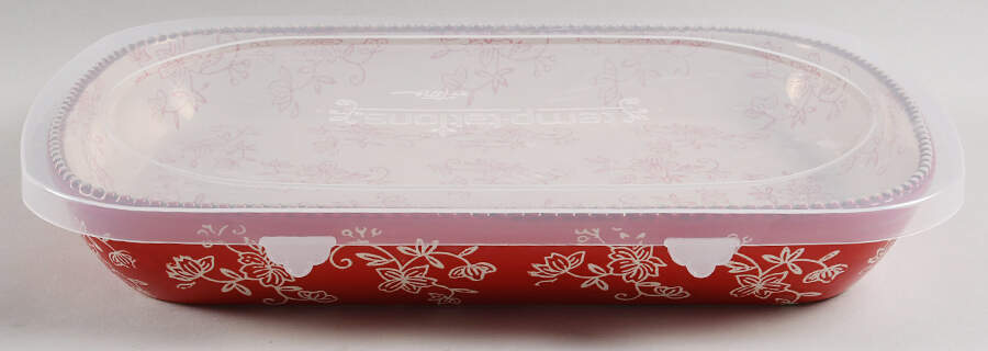 Floral Lace Red 13" Rectangular Deep Serving Platter & Plastic Lid by Temp-Tations-1